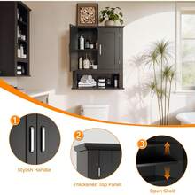 Bathroom Wall Cabinet, Black Medicine Cabinet With Open Shelf & 2 Doors, Adjustable Hanging Storage Organizer Over Toilet, Wooden Cupboard For Kitchen Laundry Room Entryway - Black - View 9