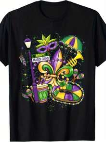 Men's And Women's Mardi Gras T-Shirt | Vibrant New Orleans Carnival Graphic With Fleur-De-Lis Beads And Jazz Music Notes - Retro Casual Short Sleeve Crew Neck Tee For Parades, Parties, And Casual Wear - Comfortable All-Season Fit (Green Purple) - 黑色 - 查看 1