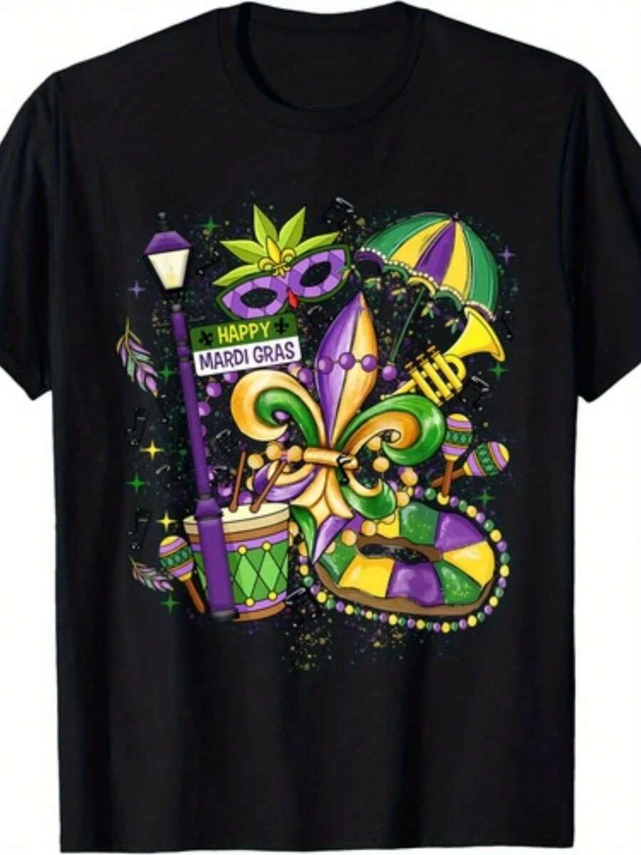 Men's And Women's Mardi Gras T-Shirt | Vibrant New Orleans Carnival Graphic With Fleur-De-Lis Beads And Jazz Music Notes - Retro Casual Short Sleeve Crew Neck Tee For Parades, Parties, And Casual Wear - Comfortable All-Season Fit (Green Purple) - 黑色 - 查看 1