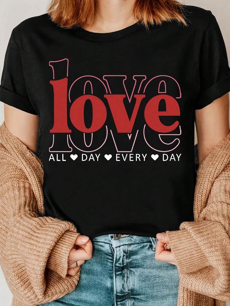 White - Red 'LOVE' Love Letter T-Shirt With Heart Print And 'All Day Every Day' Slogan, Short Sleeve Crew Neck, Valentine's Day Gift, Casual Outfit, Machine Washable Summer Blouse For Women's Casual Wear - 黑色 - 查看 1