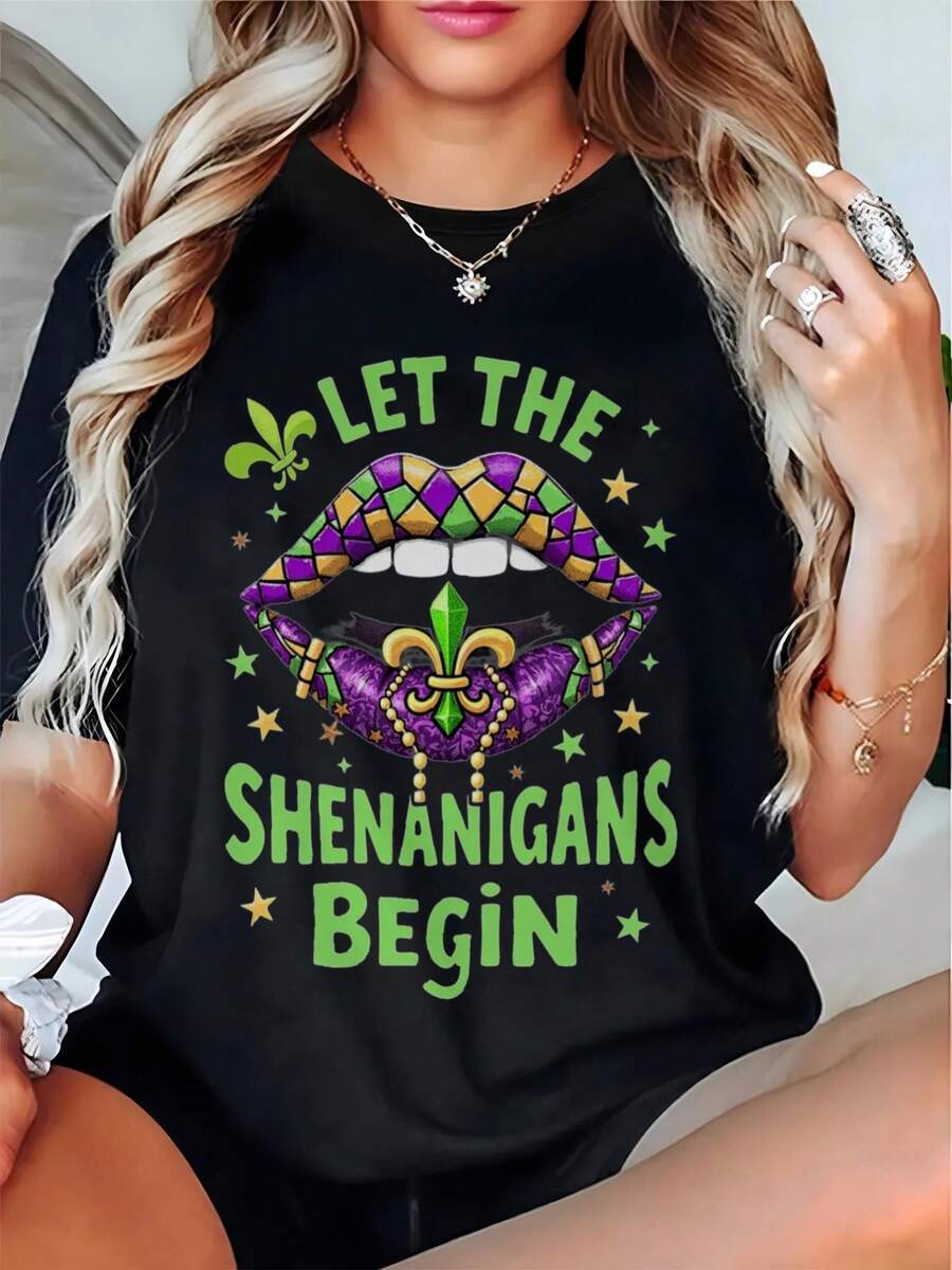 Camiseta de fiesta de Mardi Gras de tamaño más grande para mujeres - "Deje que los Shenanigans comiencen" con Fleur-de-Lis, estrellas y frase irlandesa - camiseta suave transpirable adecuada para desfiles de carnaval, fiestas de pub irlandesas - vestuario de festival lavable a máquina (top casual)
