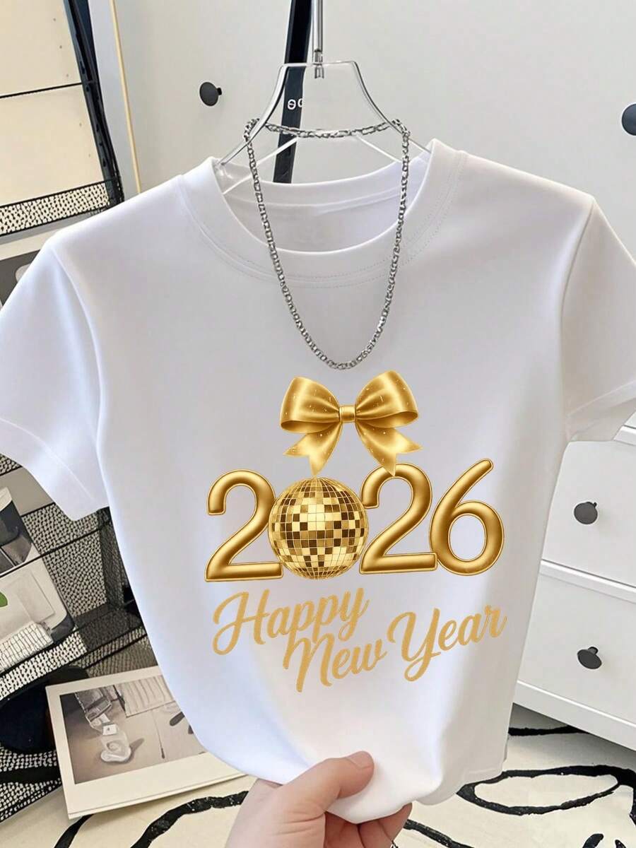 Wishing You A Happy New Year 2026! Check Out This Stylish Gold Bow Crew Neck Tee, Perfect For Spring And Summer, Designed For Women With A Y2K Cropped Short Sleeve Style. - 白色 - 查看 1