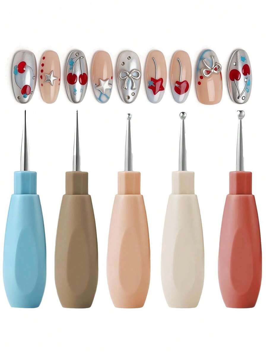 5pcs Interchangeable Stainless Steel Nail Art Dotting Pen Set, Suitable For Manicure Art, Rhinestone Setting, Outlining, Painting, Sculpting, Applicable For Nail Salons And Home Nail Art Embossing