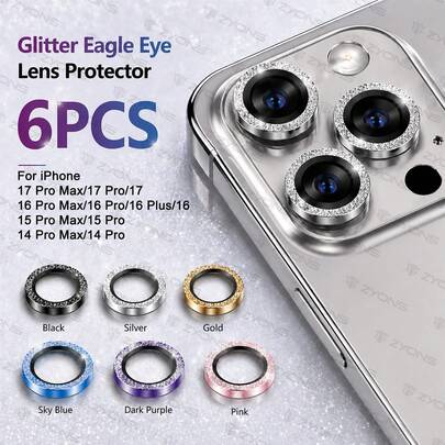 ZYONS Bộ 6 miếng dán bảo vệ ống kính camera lấp lấp lánh, tương thích với iPhone 17 Pro Max/17 Pro/17/16 Pro Max/16 Pro/16 Plus/16/15 Pro Max/15 Pro/14 Pro Max/14 Pro, kính cường lực đính đá, vòng bảo vệ màn hình bằng kim loại, 6 màu: Đen/Bạc/Vàng/Xanh dương/Tím/Hồng tím, bảo vệ camera điện thoại, tương thích với ốp lưng, phụ kiện điện thoại thời trang, phụ kiện điện thoại bền bỉ, bảo vệ ống kính, phụ kiện điện thoại hiện đại, kính chất lượng cao, dành cho người đam mê công nghệ.