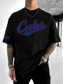 Men T-Shirt, Chicago Cubs, Cubs, , Baseball, Team Logo, Sports Fan, Oversized, Drop Shoulder, Graphic Tee, Short Sleeve, Baseball Team, Athlete - 黑色 - 查看 1