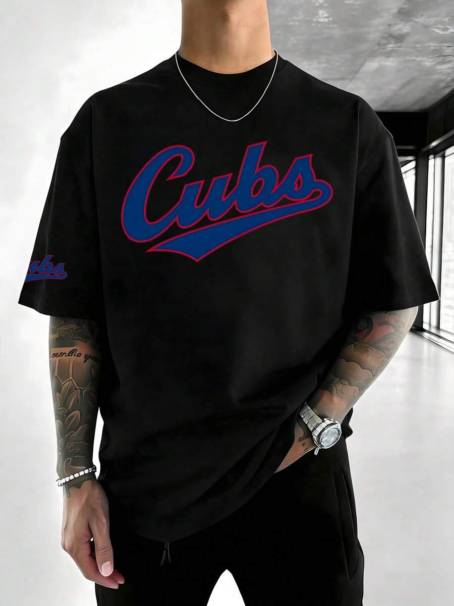 Men T-Shirt, Chicago Cubs, Cubs, , Baseball, Team Logo, Sports Fan, Oversized, Drop Shoulder, Graphic Tee, Short Sleeve, Baseball Team, Athlete - 黑色 - 查看 1