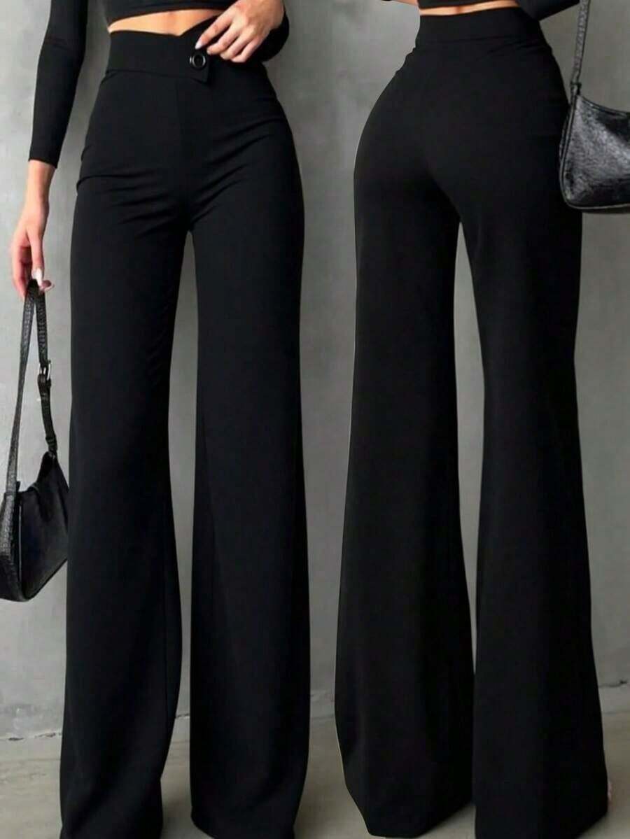 Pantalones rectos negros sólidos, casuales y elegantes para mujer.La línea de cintura asimétrica en forma de V acentúa las curvas, adecuados para uso diario, oficina, citas y vacaciones de primavera - Negro - Ver 1