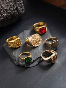 6 piezas Anillos de metal geométricos vintage hip hop, incrustados con diamantes de imitación de acrílico multicolor, joyería encantadora personalizada, para usar en festivales de música y fiestas, anillos para hombres - Amarillo Oro - Ver 3