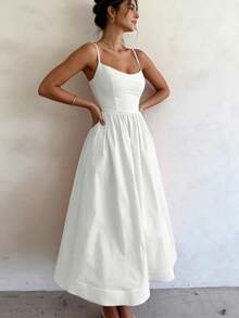 2026 Spring New Women's Clothing, Cross-Border European And American Dress, Sexy Waist-Cinching Pleated Solid Color Large Hem Strap Dress - 白色 - 查看 3