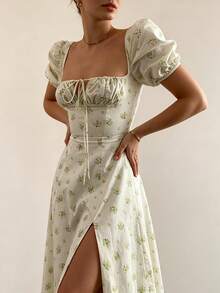 2026 Spring New Women's Clothing: Cross-Border European And American Dress, Elegant Floral Print Long Dress With Slit And Tie - 白綠色 - 查看 7
