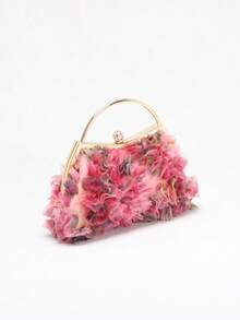 1pc Handmade 3D Colorful Mesh Embroidered Rhinestone Clasp Clutch Bag, Elegant Lady's Evening Handbag With Chain Strap For Party, Ball, Wedding (The Floral Fabric Placement May Be Uneven Due To Random Cutting, Which Is Not A Quality Issue. Buyers Who Are Particular Should Consider Carefully Before Purchasing) - Pink - View 4