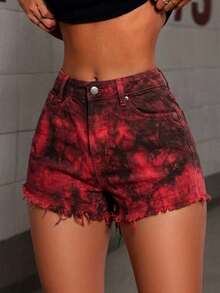 Shorts mujer Denim Crimson Flare Mezclilla con Lavado Ácido Rojo y Bajo Deshilachado como fresco ligeuro ideal casual estilo dulce diario vacaciones vacacion - Rojo - Ver 4