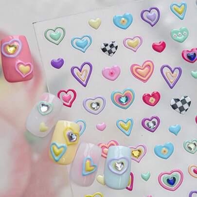 1 Sheet 3D Dopamine Colorful Heart Nail Stickers, Cute Candy Color Plaid Nail Art Decals With Rhinestones, Self-Adhesive Sweet Heart Nail Supplies, Essential For Nail Artists And DIY Summer Manicure