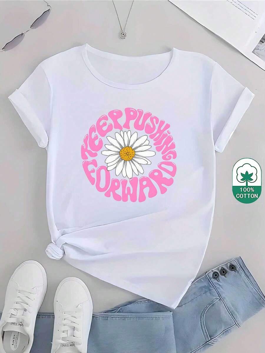 Camiseta de manga corta de Wo Fashion | 180G pequeña camiseta negra y blanca con impresión de margarita | Versión regular, cómoda y elástica, adecuada para viajes diarios o fitness, verano de ocio suave transpirable