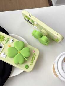 Casing Holder Ponsel Motif Daun Semanggi Empat, Cocok Untuk iPhone 15 Pro Max/14 Pro Max/13 Pro Max/16 Pro Max, Tahan Guncangan, Kreatif, Minimalis, Elegan - Hijau - View 3