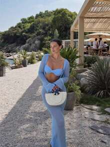 Nuevo vestido de primavera/verano para mujer: Vestido de punto largo con escote en V profundo, cintura ajustada y diseño calado, apropiado para la playa, el mar y las vacaciones de natación - Hailan - Ver 4