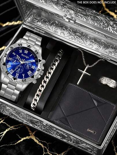 5-Piece Minimalist Business Men's Quartz Watch Set, Men's Hardcore Luxury Accessory Set (Including Silver-Tone Metal Watch, Cuban Link Silver Bracelet, Silver Cross Pendant Necklace, Engraved Silver Ring, Black Embossed Leather Wallet). Featuring A Cool Silver Metal And Deep Blue Color Scheme, The Embossed Metal Watch Strap Ensures A Premium Wearing Experience.