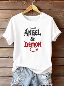 Camiseta de impresión del ángel y el diablo de 1pc de las mujeres - rojo y negro contraste casual cuello redondo camiseta de manga corta superior, - ángel / diablo-tema desgaste casual o trajes a juego - Blanco - Ver 2