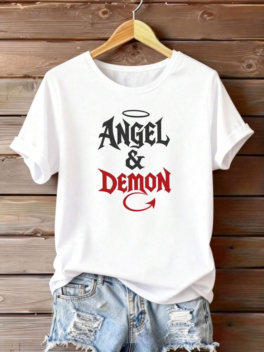 Camiseta de impresión del ángel y el diablo de 1pc de las mujeres - rojo y negro contraste casual cuello redondo camiseta de manga corta superior, - ángel / diablo-tema desgaste casual o trajes a juego