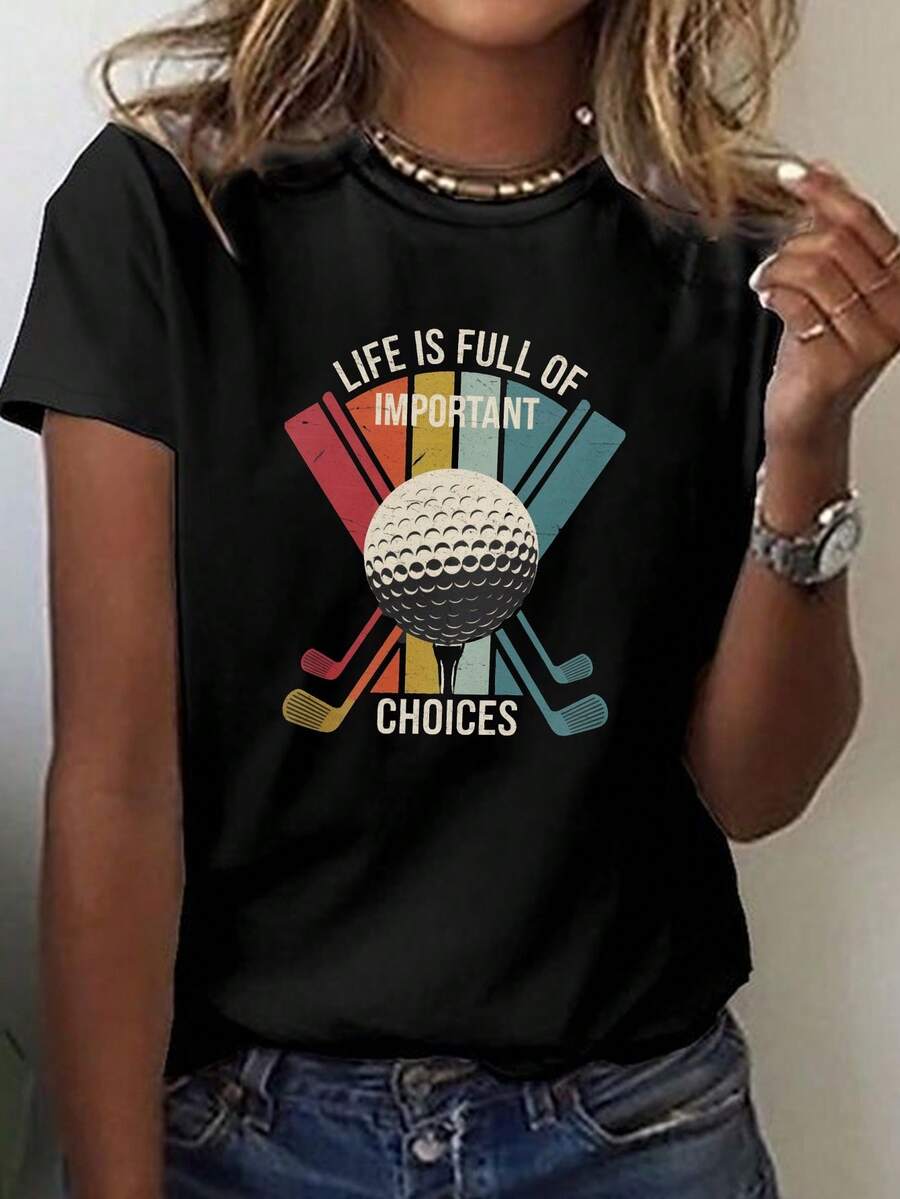 Women's Golf-Inspired Graphic Tee "Life Is Full Of Important Choices" - Short Sleeve Crew Neck Casual Top With Geometric Print, Medium Stretch, Machine Washable For Summer And Spring, Ladies Golf Apparel, Sporty Design, Comfortable Fit - 黑色 - 查看 1