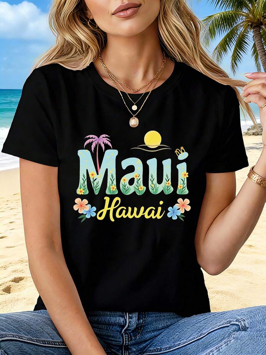 Camiseta de mujer Maui Hawaii - manga corta cuello tripulación hawaiano estampado blusa adecuada para el verano y la primavera, ropa de playa informal con palmera y hibisco, lavable a la máquina hawaiano traje regalo para las vacaciones o ropa informal