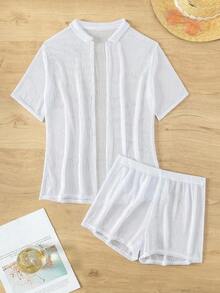 Basics Set de 2 piezas de kimono de unicolor de manga corta y shorts para mujer para vacaciones - Blanco - Ver 6