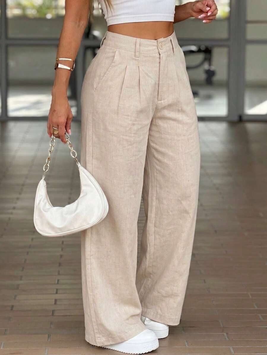 Pantalones largos sueltos y casuales tejidos para mujer, verano - Caqui - Ver 1