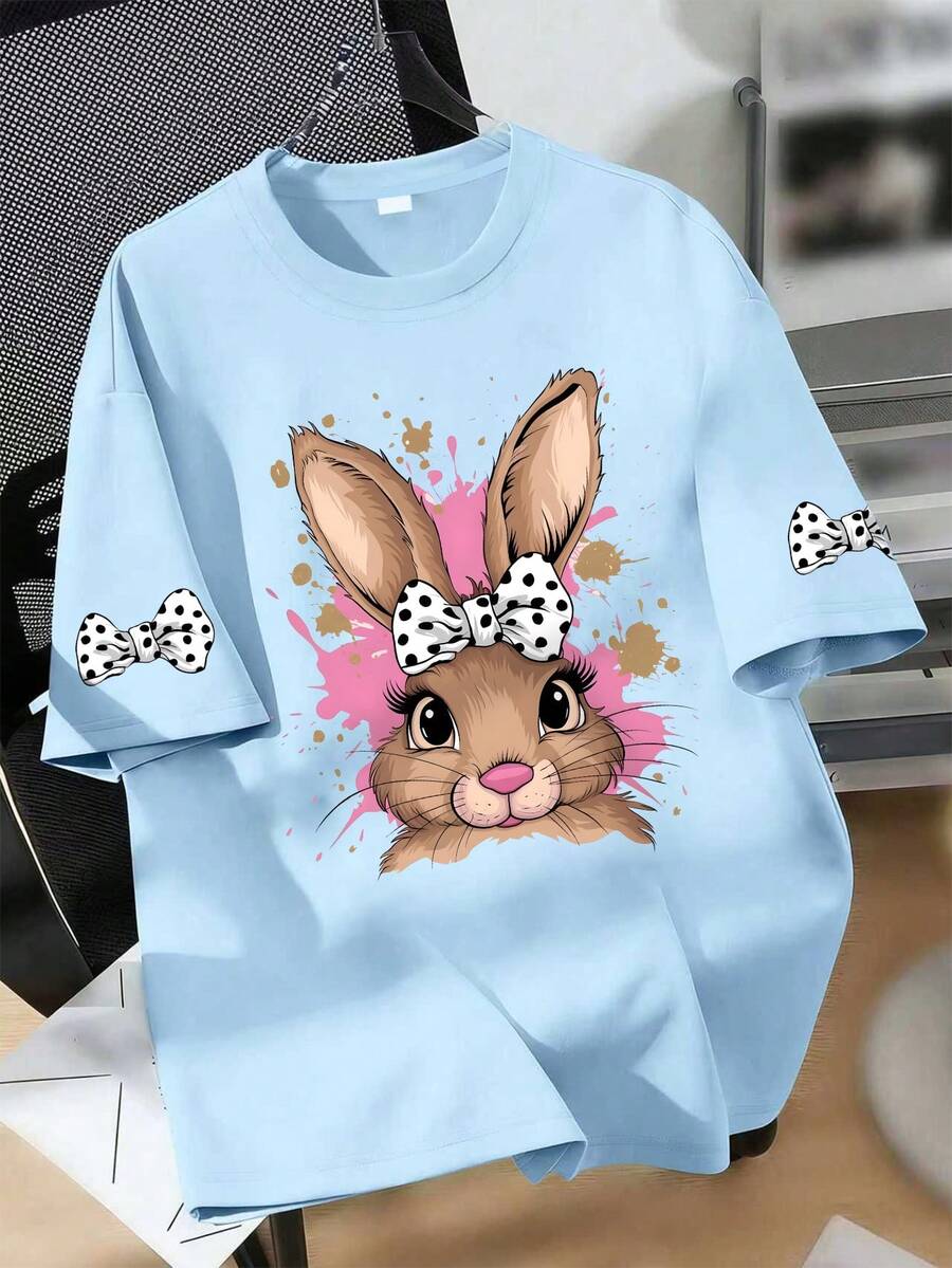 1pc Girls' Cartoon Rabbit Bow Print Round Neck Short Sleeve T-Shirt, Cute Cartoon Theme Loose Summer Style, Soft And Comfortable Top - Baby Blue - View 1