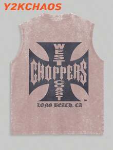 Y2KCHAOS 210g Washed Pure Cotton Vest Men's Vest Streetwear Style American Casual Wear West Coast Choppers Graphic Print Motorcycle Culture Inspired Design For Men And Young Adults-Vintage Street Style Unisex Loose Cotton Short Sleeve Crew Neck T-Shirt - 駝色 - 查看 4