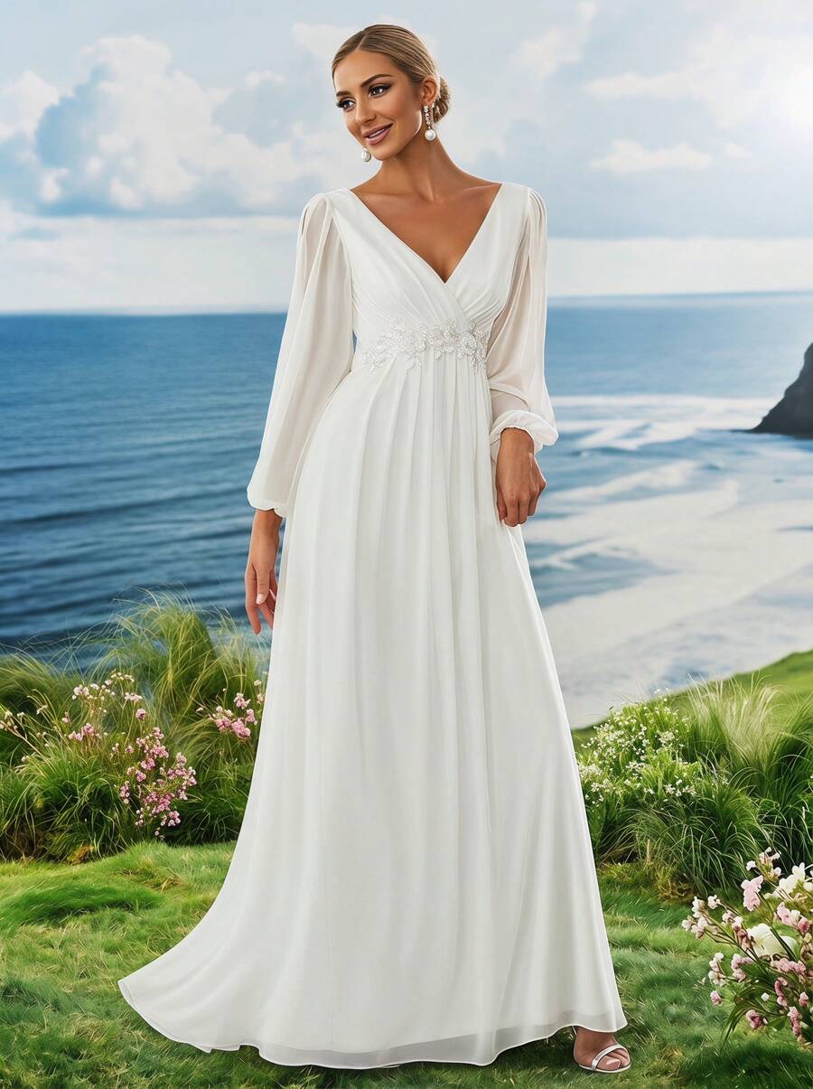 Elasola Đầm trắng thêu họa tiết, cổ chữ V, xẻ tà, tay phồng, thích hợp cho đám cưới, tiệc tùng, tiệc cô dâu, lễ đính hôn, mùa xuân/hè. - trắng - Xem 1