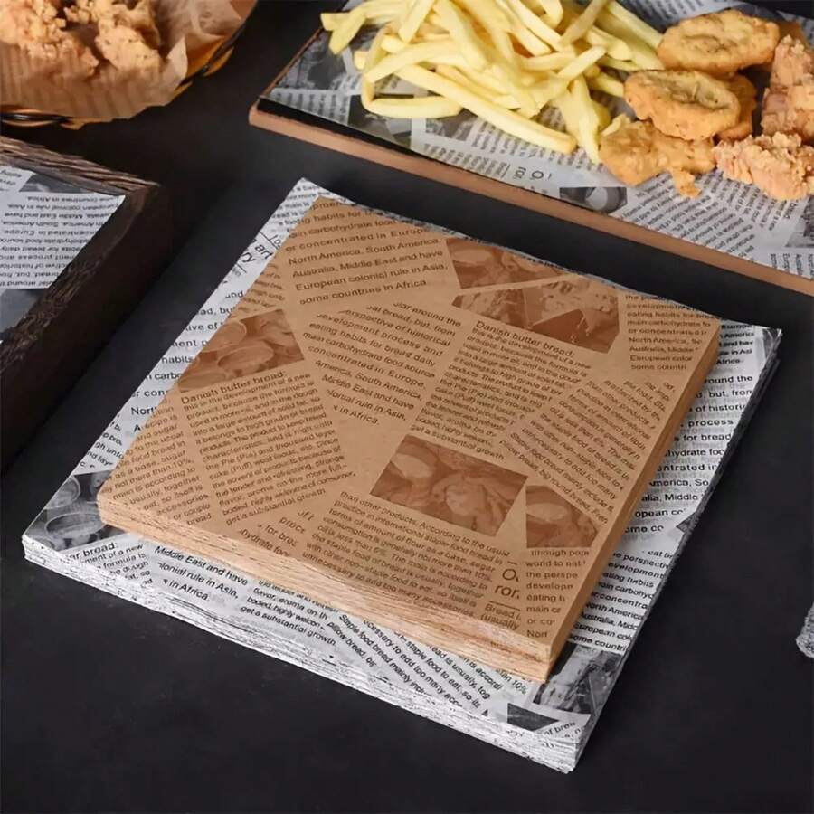 50/300/500pcs English Newspaper Style Greaseproof Silicone Paper, Small Size Oil-Resistant Paper Pads, Designed For Hamburgers, Bread, Fries, Sandwiches, BBQ, Suitable For Kitchen, Picnic, Camping, BBQ, Party Supplies, Baking Kitchen, Commercial Oil-Resistant Paper Pads