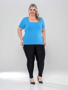 Set Of 2 Women's Basic Comfortable Short-Sleeve Square Neck Plus Size Blouses - White-blue - View 6