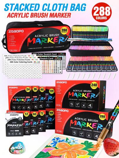 12/24/36/48/72/120/168/240/288 Colors Professional Acrylic Paint Markers, Vibrant Hues, New Free-Flowing Ink System Soft Tip Design, High-Coverage Ink Suitable For Black Cardstock, Smooth Writing, For DIY Coloring, Glass & Stone Painting. Boxed & Fabric Storage Bag Design, Easy To Store And Carry, Handheld Or Shoulder Strap.