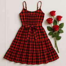 Women's Multi-Use Checkered Dress, Off-The-Shoulder, Long-Sleeved, Fitted, With Gathered Detail And Center Tie, Short And Fitted. Perfect For June Festivals, Saint John's Day, Autumn, And Winter. - 紅色 - 查看 4