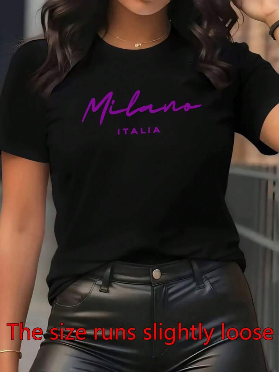 Camiseta Negra Casual de las mujeres con Milano Italia Impresión Púrpura - Top de manga corta cómodo, duradero y elegante para uso diario, interior y exterior, ropa casual de moda