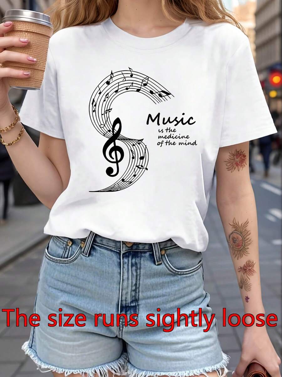Camiseta del Festival de Música de las mujeres con notas musicales Imprimir y "Música es la medicina de la mente" eslogan - manga corta transpirable cuello de tripulación superior, estiramiento medio adecuado para la primavera, verano, conciertos, ropa informal, blusa blanca lavable en máquina