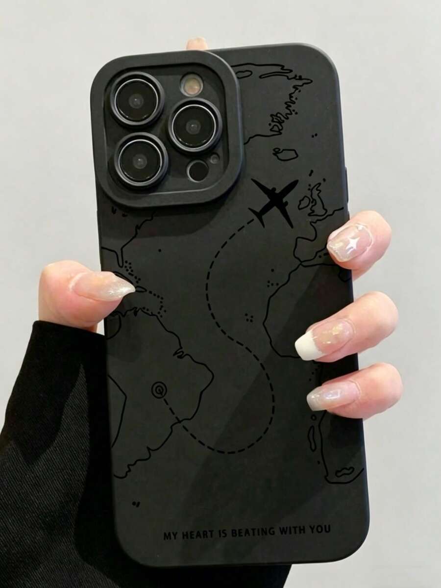 适用于 16/11、15 Pro Max、14 Pro Max 的飞机/地图图案磨砂防摔 TPU 手机壳（1 件装） - 黑色 - 查看 1