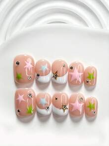 10Pcs French Style Handmade Press On Nail,Polygel Nail Set,Colorful Stars,Pink,Green,Blue And White Nail Polish,Fresh And Playful Style,Includes Nail Tools,3 Sizes Available,Square,Short Square,Almond,Nails For Party,Dance,Daily Wear. - 彩色 - 查看 17