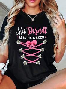 Mi Dirndl está en el lavado, con un pañuelo y pequeño patrón popular bávaro floral impreso en una camiseta de cuello redondo de mujer para la primavera y el verano - Negro - Ver 2
