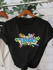 Women'S Casual Tee Showcasing A Bingo Ball Design - Short Sleeves, Round Neck, Embellished With A Bright Star And Number Motif, Crafted From Medium Stretch, Washable Fabric, Tailored For A Fit Ideal For Spring And Summer - 黑色 - 查看 1