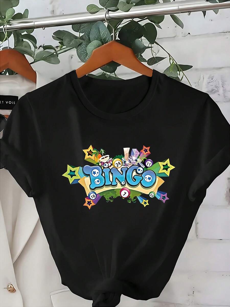 Women'S Casual Tee Showcasing A Bingo Ball Design - Short Sleeves, Round Neck, Embellished With A Bright Star And Number Motif, Crafted From Medium Stretch, Washable Fabric, Tailored For A Fit Ideal For Spring And Summer - 黑色 - 查看 1