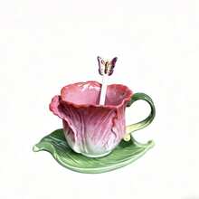 1 Juego de taza y platito de té de cerámica con flores pintadas a mano, taza de café con rosa, tulipán y margarita esculpidas en 3D, 1 pieza de 150ml (5oz) con asa, 1 pieza de plato con hoja, 1 pieza de cuchara con mariposa, decoración única para el hogar, regalo para San Valentín, Día de la Madre, Navidad - Multicolor - Ver 27