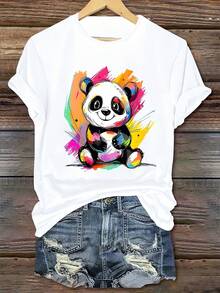 Cute Panda Print T-Shirt For Women - Soft And Comfortable Short Sleeve Crew Neck Casual Top, Perfect For Home, Sports, Outdoor Activities And Work Parties, Summer Wear, Playful Design, Comfortable Fit - 白色 - 查看 1