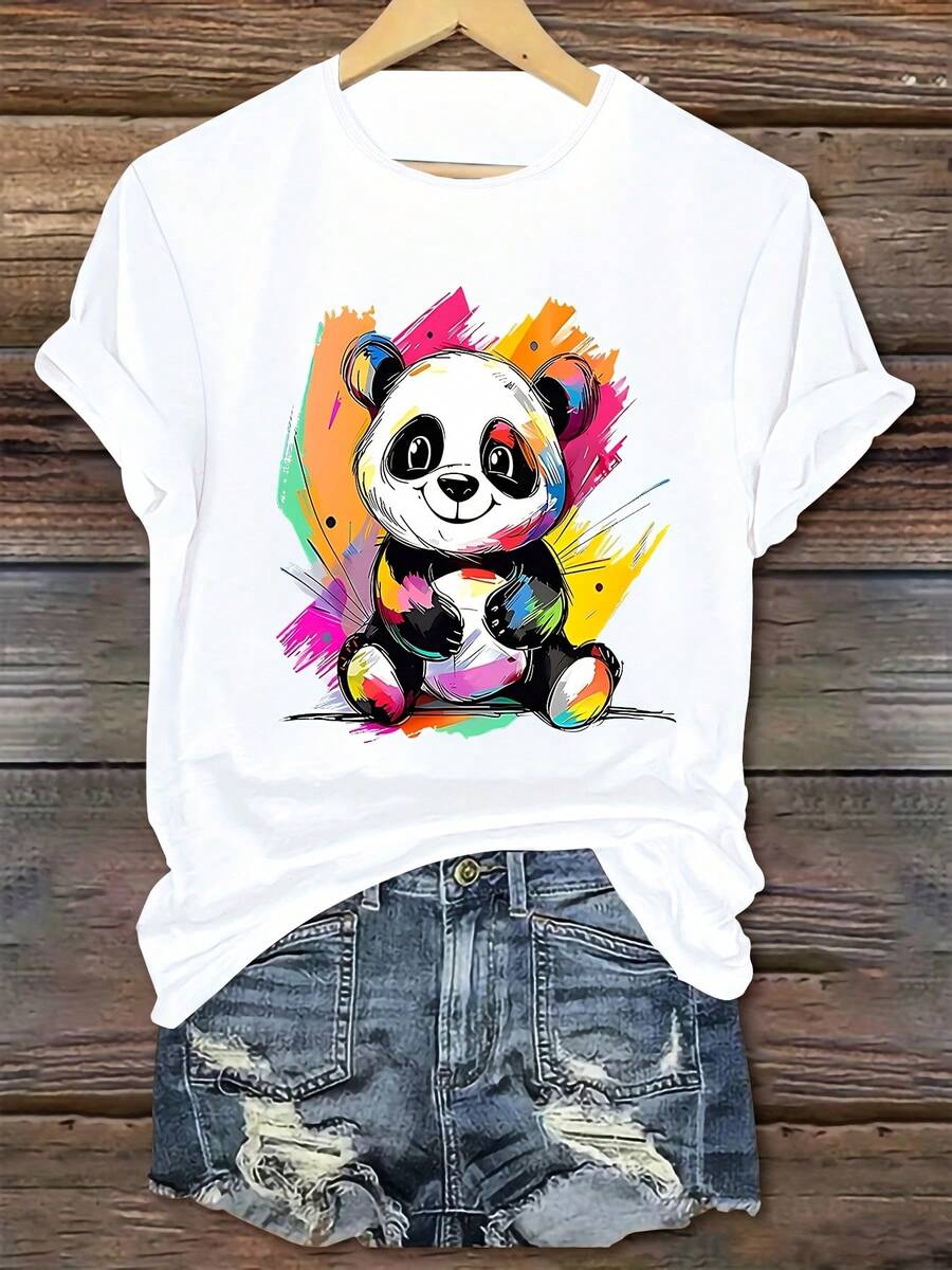 Cute Panda Print T-Shirt For Women - Soft And Comfortable Short Sleeve Crew Neck Casual Top, Perfect For Home, Sports, Outdoor Activities And Work Parties, Summer Wear, Playful Design, Comfortable Fit - 白色 - 查看 1