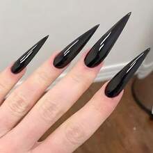 48pcs Pure Black Mirror Ultra Long Pointed Nail Art Pieces, Extremely Slender And Pointed, With A Cool And Bright Aura. The Nail Surface Is Smooth And Wear-Resistant, Suitable For Daily Work, Leisure, Outings, Festivals, Events, Parties, And Accessories - 黑色 - 查看 3