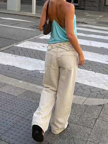 GILIPUR Quần jeans nữ Y2K mới, cạp thấp, màu mơ, ống suông dáng rộng kiểu vintage, quần casual đa năng, phong cách streetwear. - Màu be - Xem 9