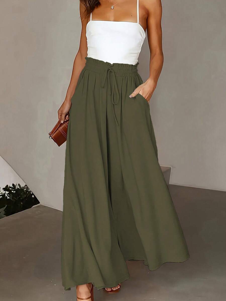 Pantalones anchos de bolsillo de unicolor casual para mujer, primavera - Verde militar - Ver 1