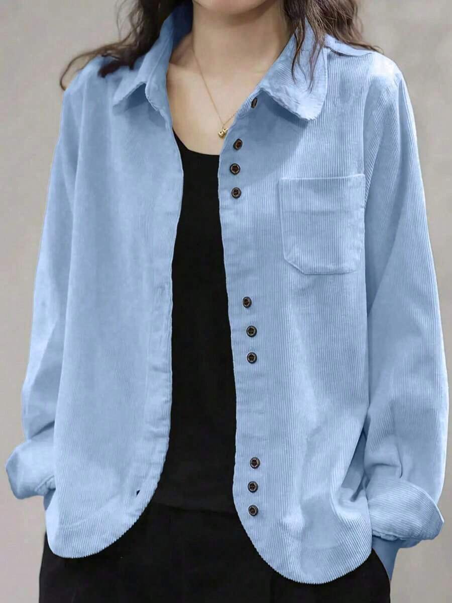 Camisa de mujer de pana con botones, de ajuste relajado, chaqueta de cárdigan de manga larga de moda informal, blusas holgadas con bolsillo para otoño 2025 y primavera - Celeste - Ver 1