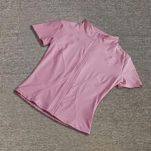 Tops de entrenamiento adelgazantes de cintura de alta calidad para mujer, camisas de Yoga de manga corta con cuello levantado ajustado de secado rápido y cremallera completa, verano - Café - Ver 3