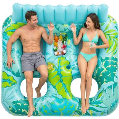 2-Person Inflatable Pool Float With Built-In Cooler & Cup Holders, Heavy-Duty Water Lounge With Headrest, Mesh Seats & Footrest For Lake, River, Beach, Summer Pool Party, Pool Inflatable, Beach Essentials, Pool Float